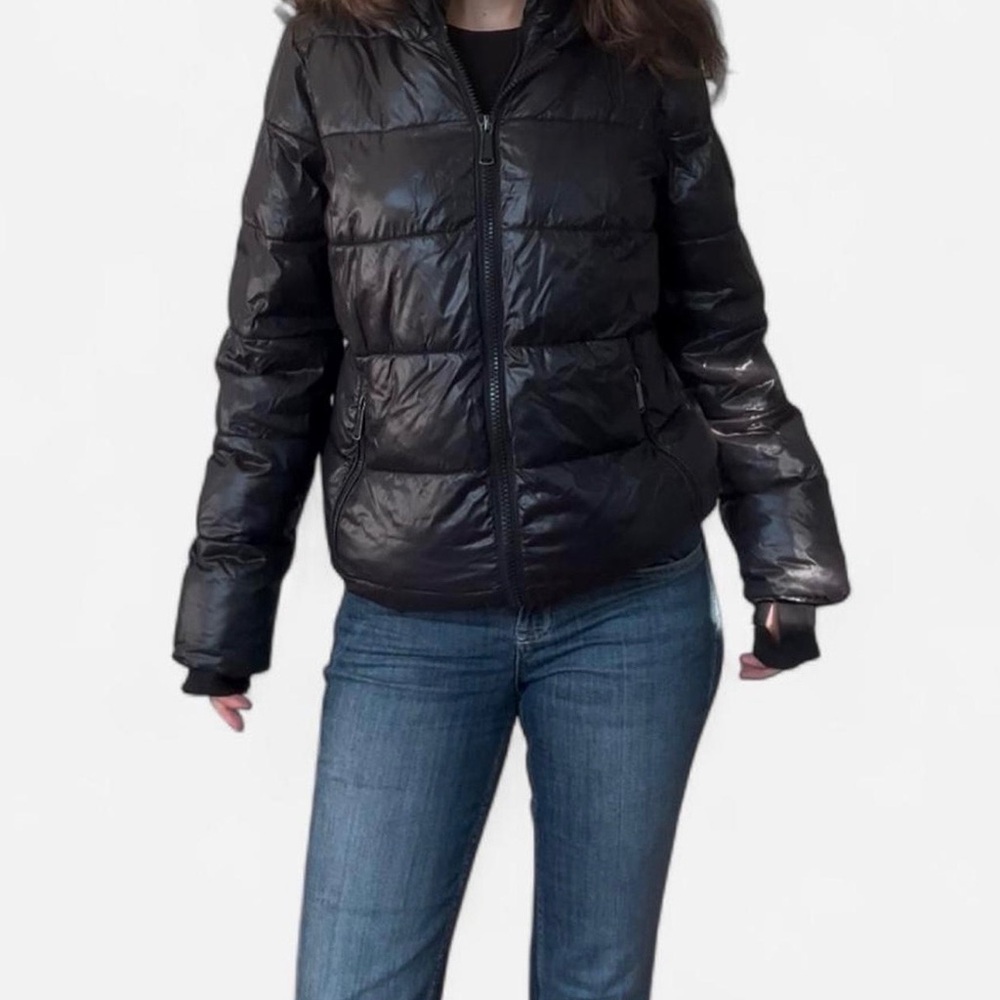 Michael Kors black shiny puffer jacket with hood and double zipper detail